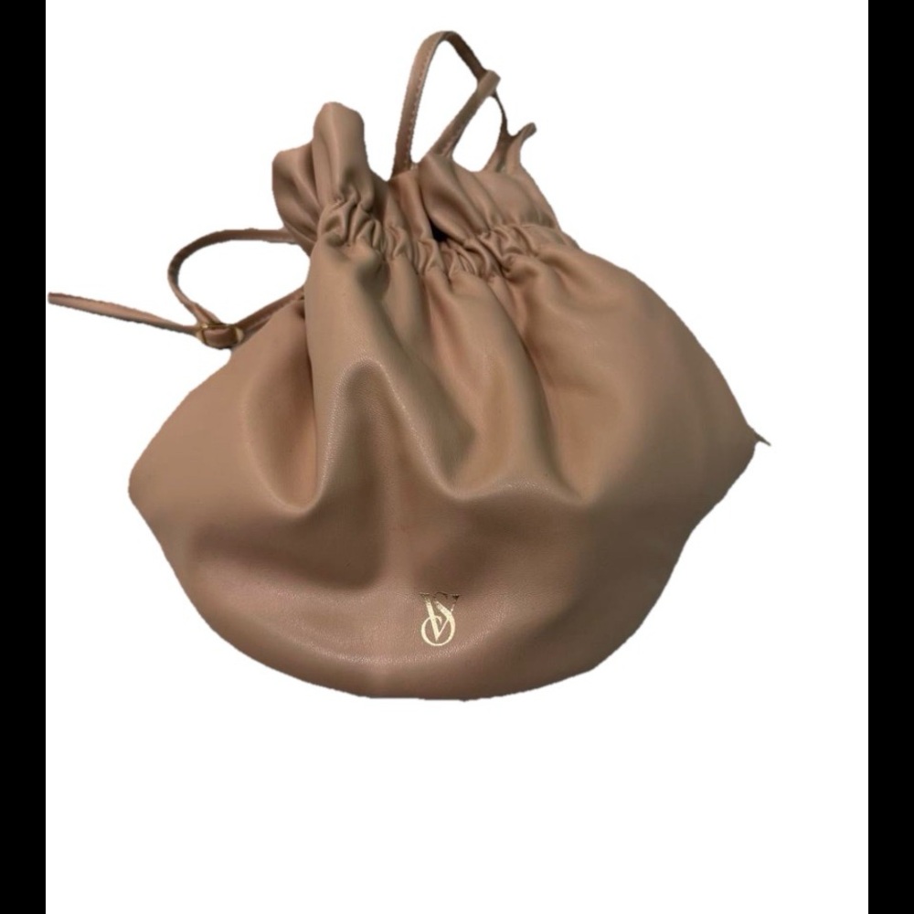 Victoria's Secret Tan Drawstring Mini Shoulder Bag with Gold Logo